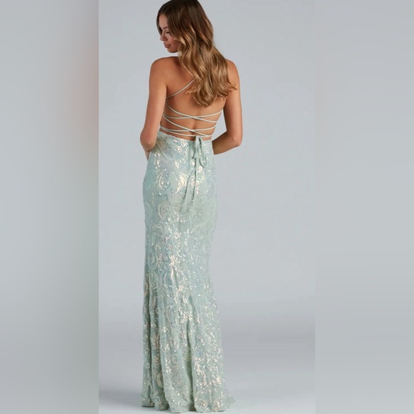 NWT Mint Green Sequin Lace Up Prom Dress - Picture 4 of 12